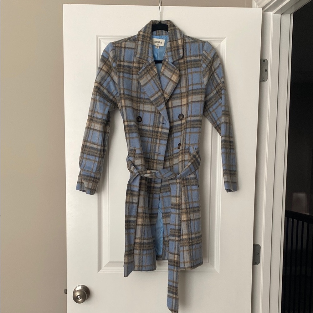 Aura Women's Plaid Pea Coat - Blue and Brown